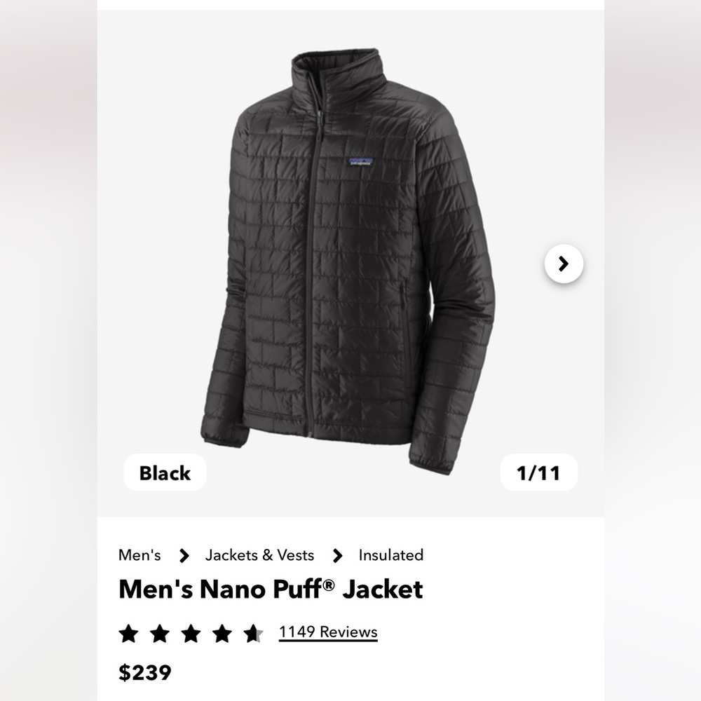 Men’s Patagonia Nano Puff Jacket - Size L - Black